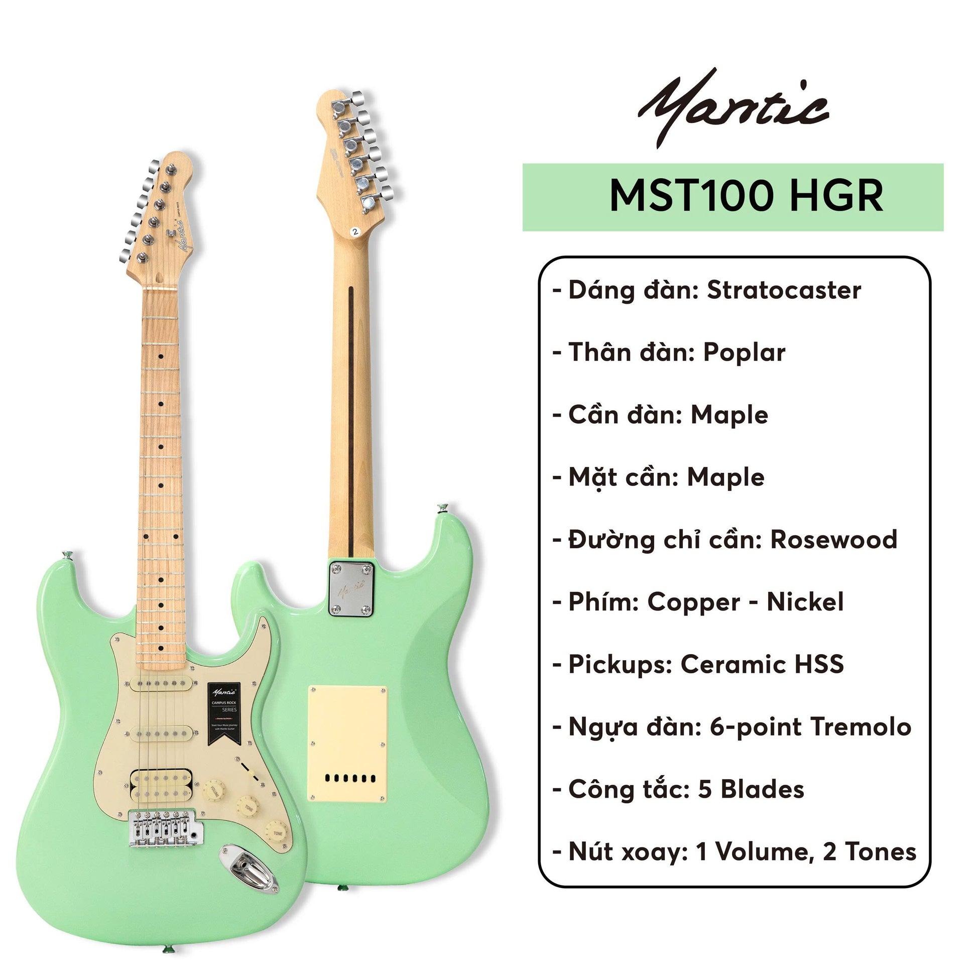 Đàn Guitar Điện Mantic MST100, HGR Green