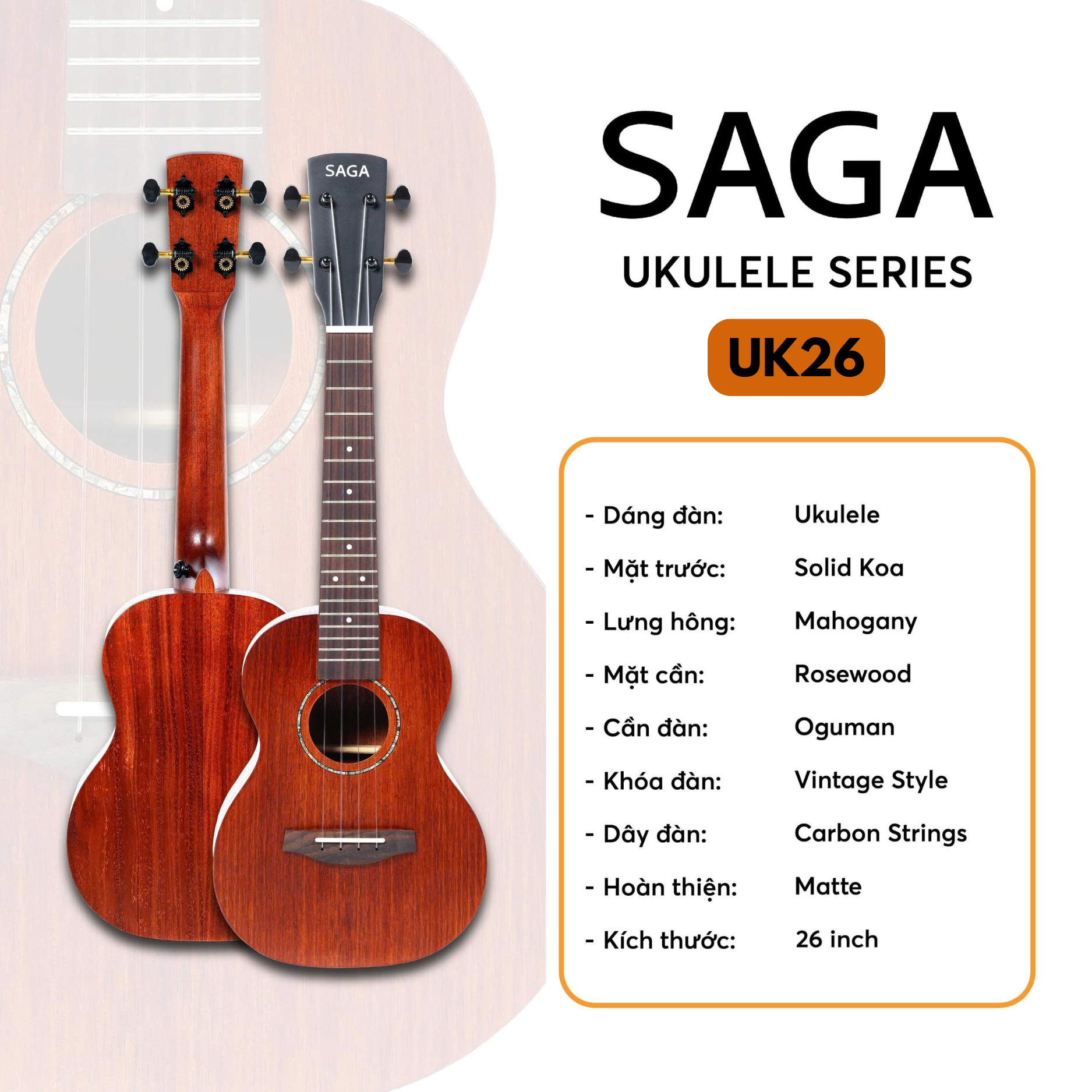 Đàn Ukulele Saga Tenor UK26 w/Bag
