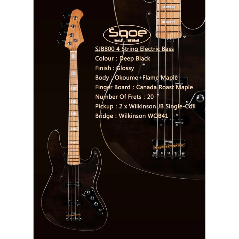 Đàn Guitar Bass Sqoe SJB800 SS Electric Guitar, Canadian Roasted Maple Fingerboard, Transparent Black