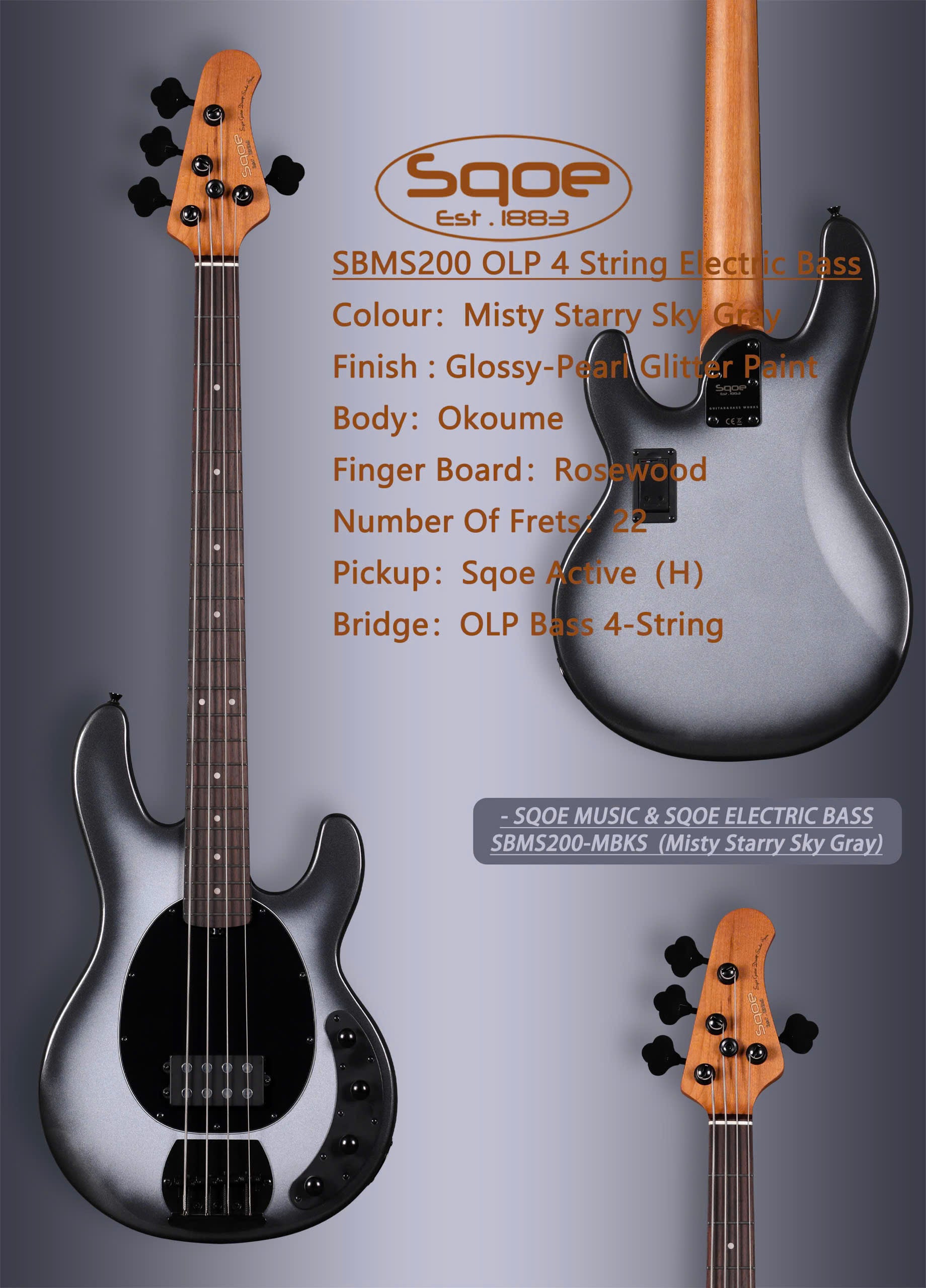 Đàn Guitar Bass Sqoe SBMS200 H Electric Guitar Bass, Roasted Maple Fingerboard, Metallic Silverburst