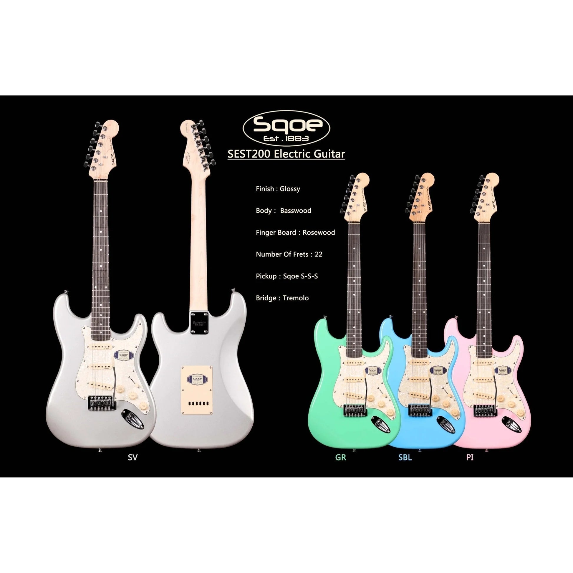 Đàn Guitar Điện Sqoe SEST200 SSS Electric Guitar, Rosewood Fingerboard, Silver