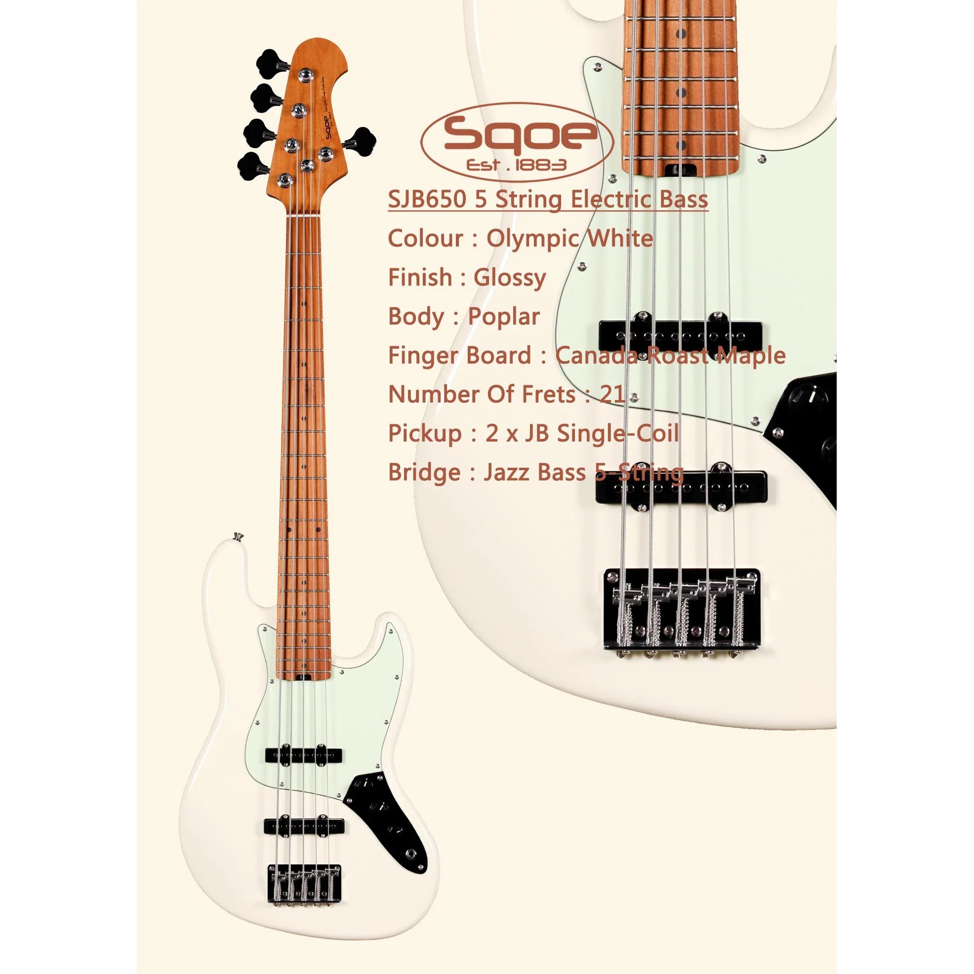 Đàn Guitar Bass Sqoe SJB650 SS, Maple Fingerboard - 5 Strings