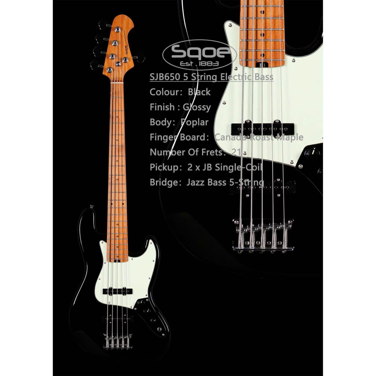 Đàn Guitar Bass 5 Dây Sqoe SJB650, Black