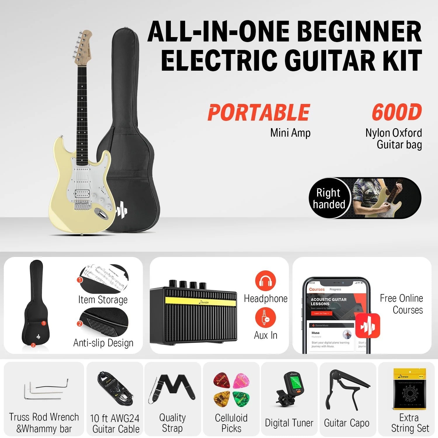 Đàn Guitar Điện Combo Donner DST100,  Ivory White