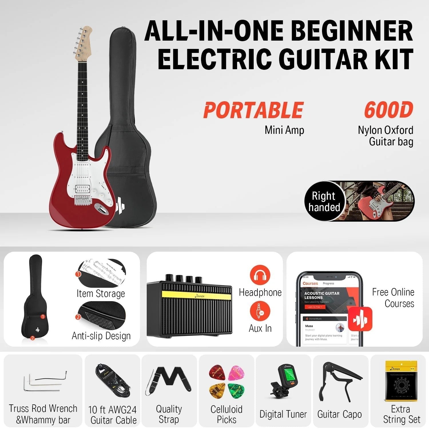Đàn Guitar Điện Combo Donner DST100, Red
