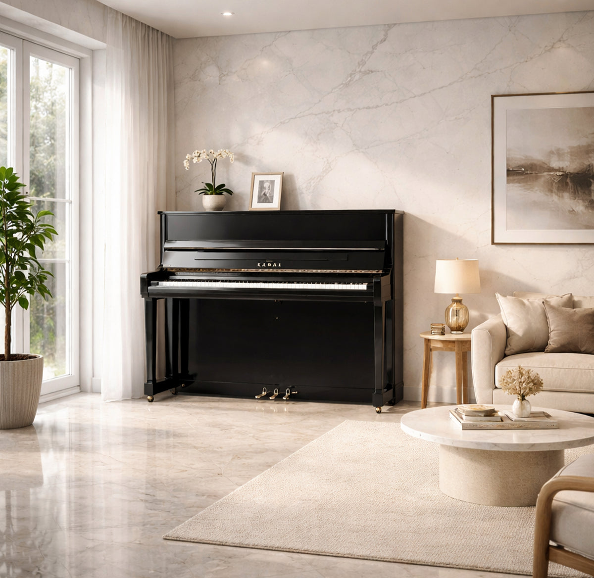 Toàn cảnh đàn piano KAWAI K200 phối tại phòng khách
