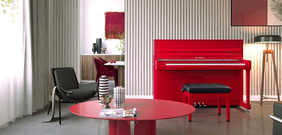 Toàn cảnh đàn piano KAWAI K200 Red Polished tại phòng khách sang trọng