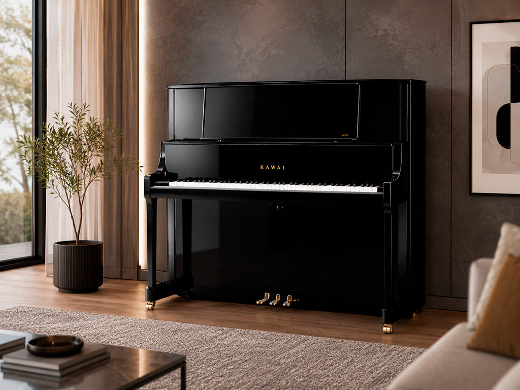 Toàn cảnh đàn piano KAWAI K700 mở nắp, màu đen bóng polished ebony tại phòng khách