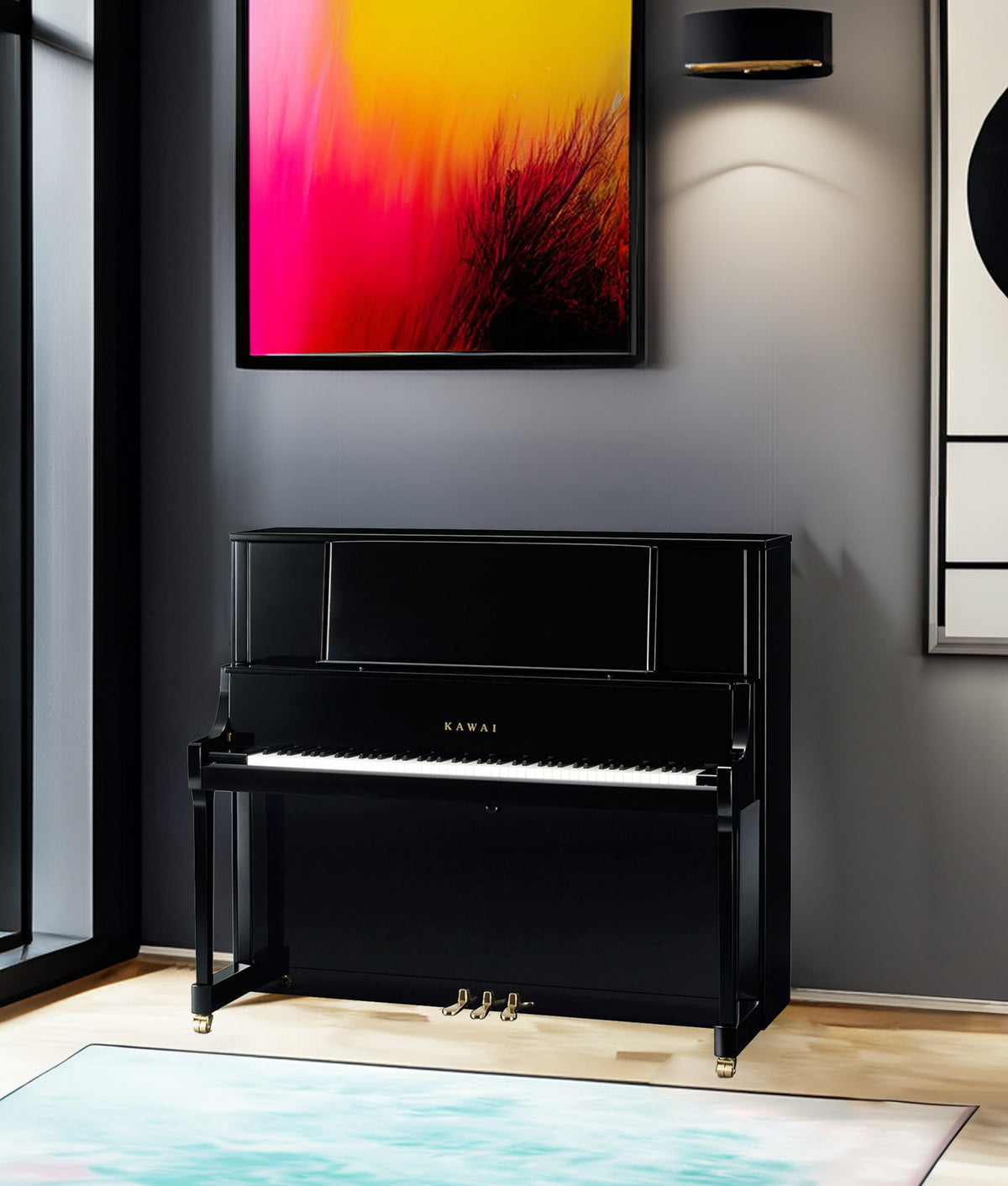 Phối cảnh đàn piano KAWAI K800 trong phòng khách, bên trên là bức tranh nghệ thuật