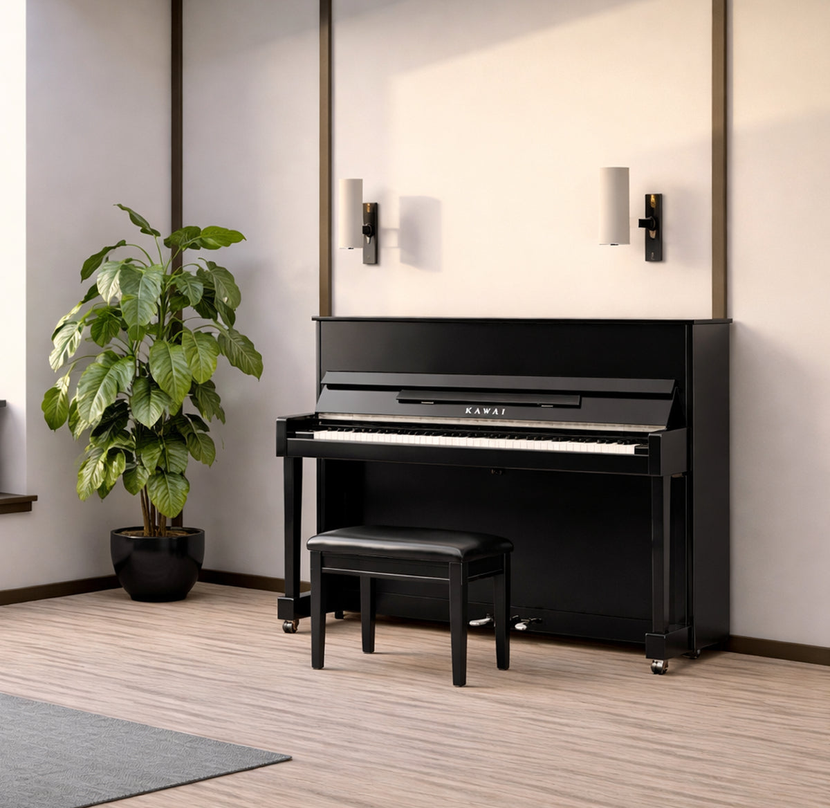 Toàn cảnh đàn piano Kawai ND21 tại không gian phòng khách, cùng với ghế