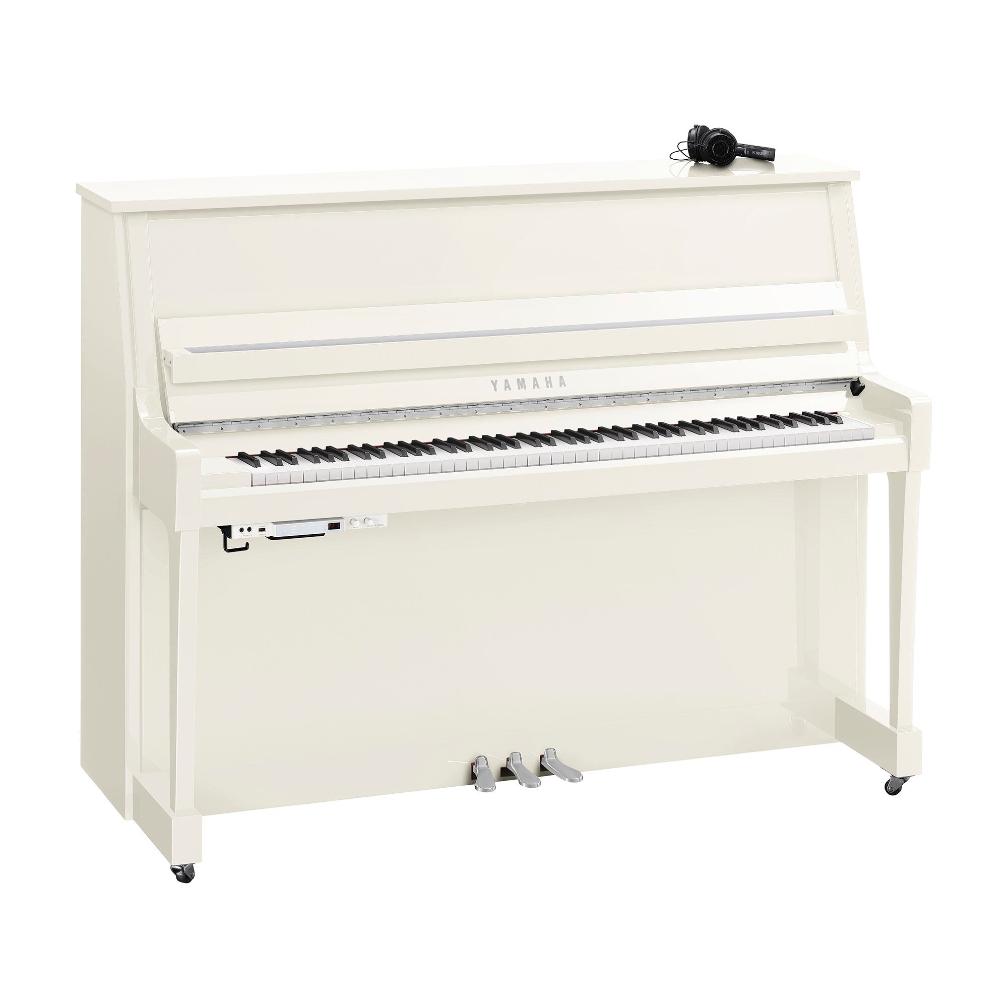 Toàn cảnh đàn piano Yamaha B20 màu trắng bóng mạ Chrome bản silent SC3 tại Tân Nhạc Cụ