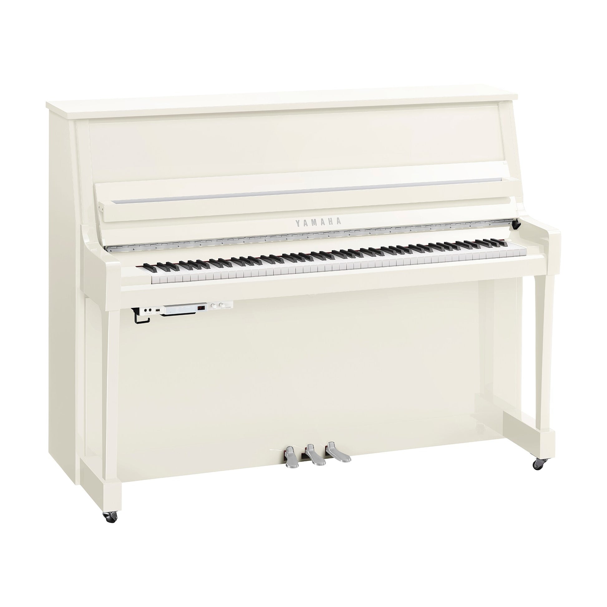 Toàn cảnh đàn piano Yamaha B20 màu trắng bóng mạ Chrome bản tranacoustic tại Tân Nhạc Cụ