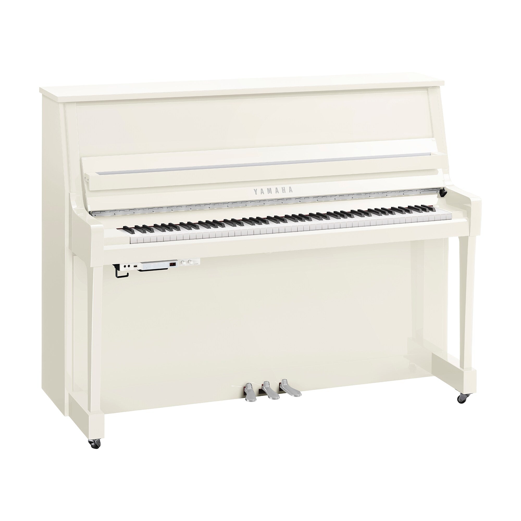 Toàn cảnh đàn piano Yamaha B20 màu trắng bóng mạ Chrome bản tranacoustic tại Tân Nhạc Cụ