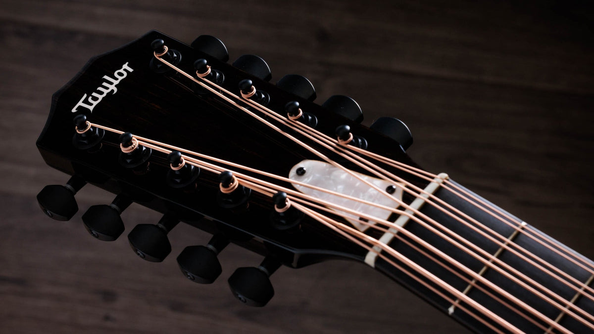 Đàn acoustic điện 10 dây Taylor 250ce Plus BLK Bajo Quinto màu Black – cận đầu đàn và logo Taylor
