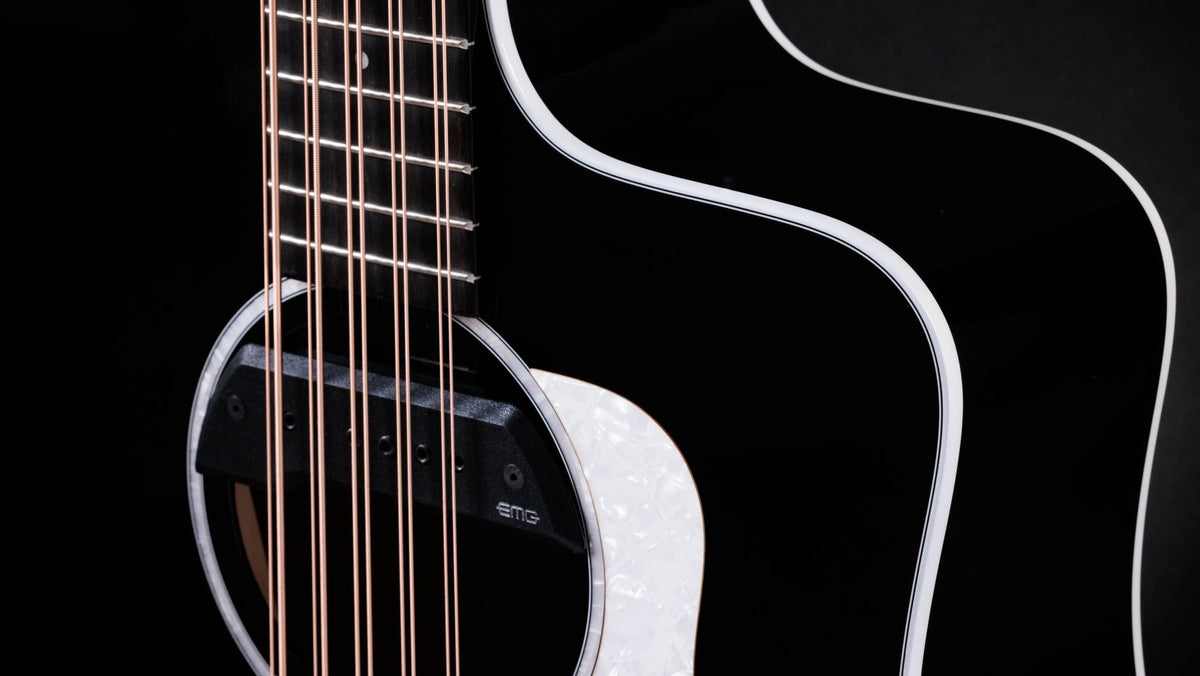 Đàn acoustic điện 10 dây Taylor 250ce Plus BLK Bajo Quinto màu Black – cận lỗ thoát âm và ngựa đàn