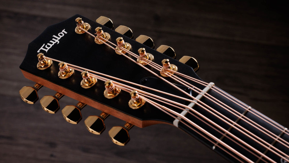 Đàn acoustic điện 10 dây Taylor 260ce-K DLX Bajo Quinto màu Shaded Edgeburst – cận đầu đàn và logo Taylor