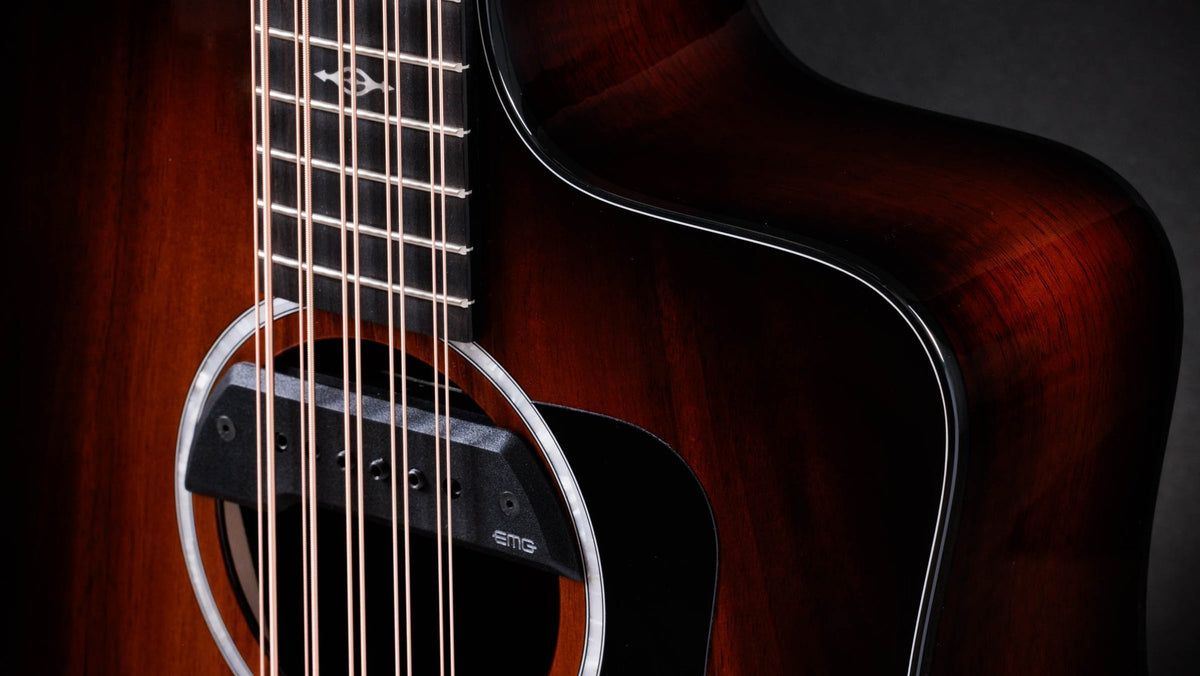Đàn acoustic điện 10 dây Taylor 260ce-K DLX Bajo Quinto màu Shaded Edgeburst – cận lỗ thoát âm và ngựa đàn
