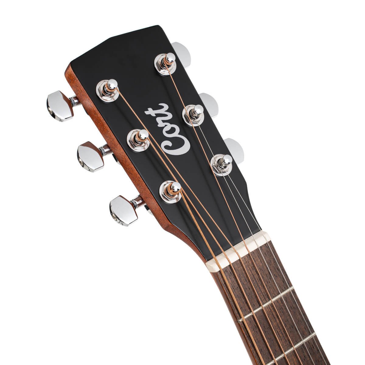 Đàn guitar acoustic Cort AD Mini M màu Open Pore – cận đầu đàn và logo Cort