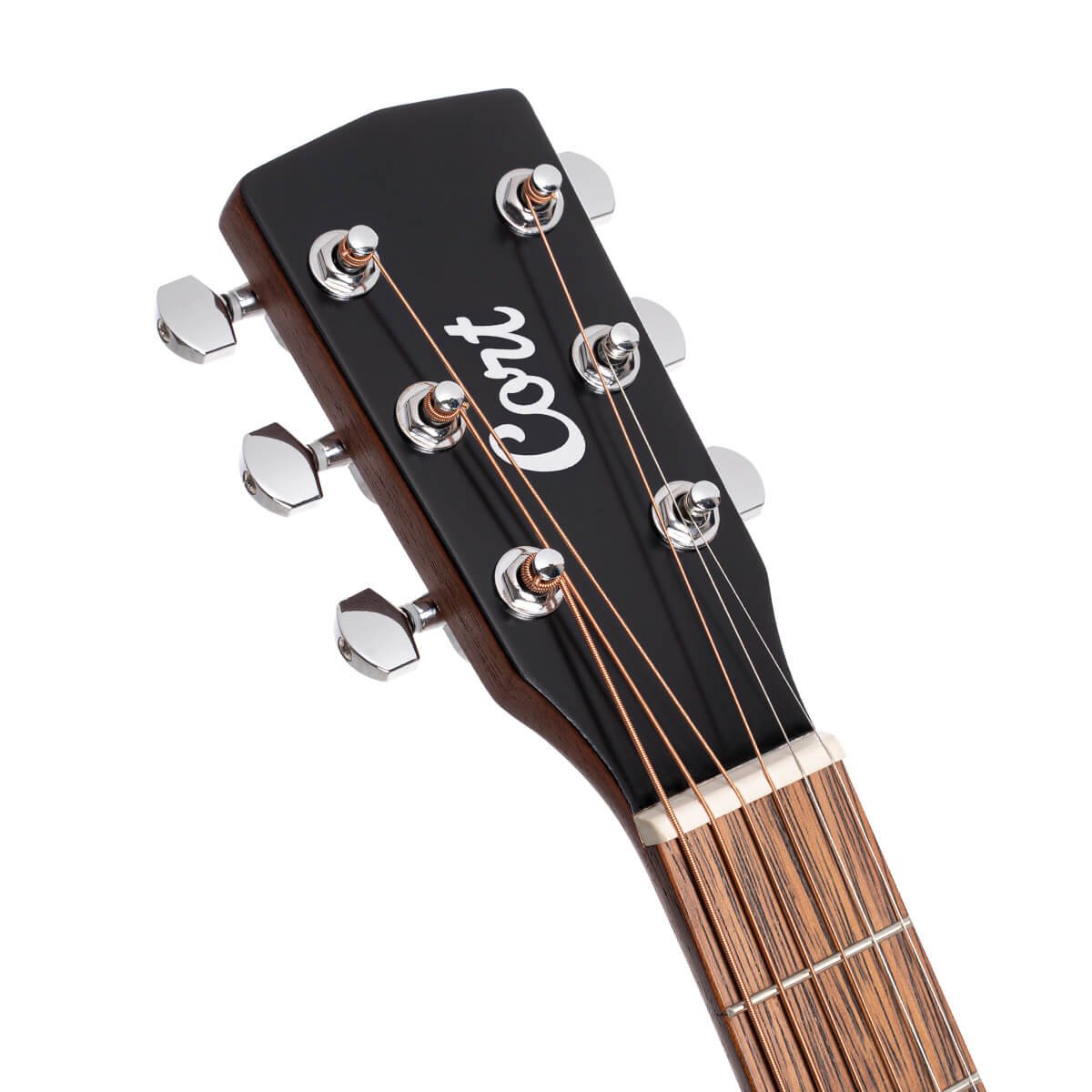 Đàn guitar acoustic Cort AD Mini màu Open Pore – cận đầu đàn và logo Cort