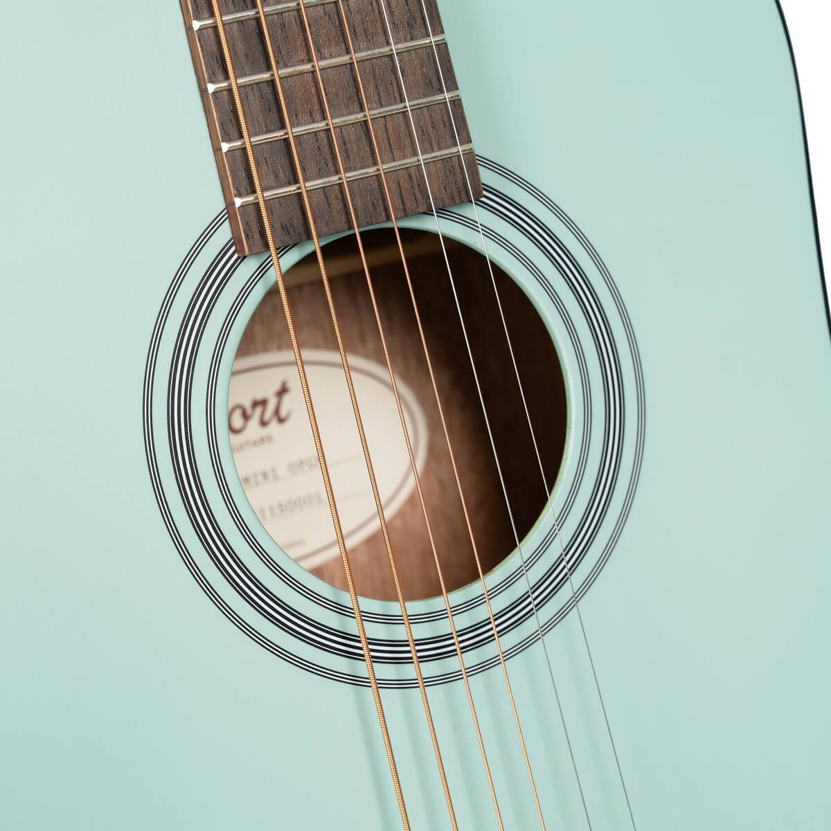 Đàn guitar acoustic Cort AD Mini màu Open Pore Green Mint – cận hoa văn viền lỗ thoát âm (rosette)