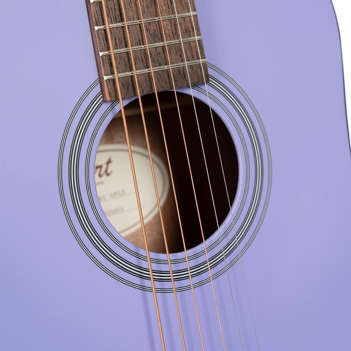 Đàn guitar acoustic Cort AD Mini màu Open Pore Lavender – cận hoa văn viền lỗ thoát âm (rosette)