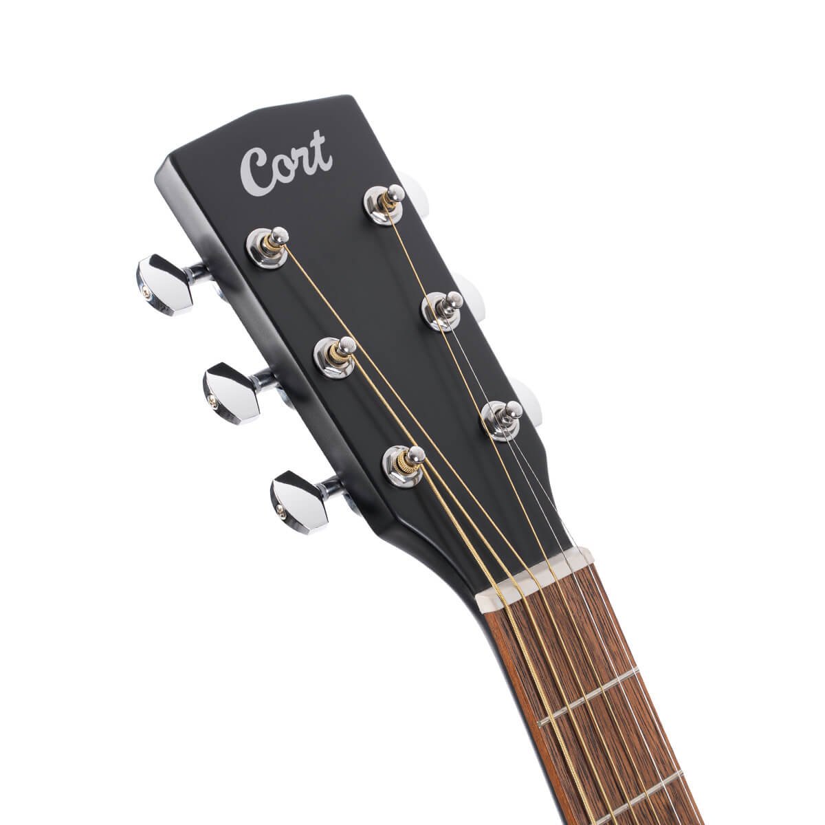 Đàn guitar acoustic Cort AD810 màu Black Satin – cận đầu đàn và logo Cort