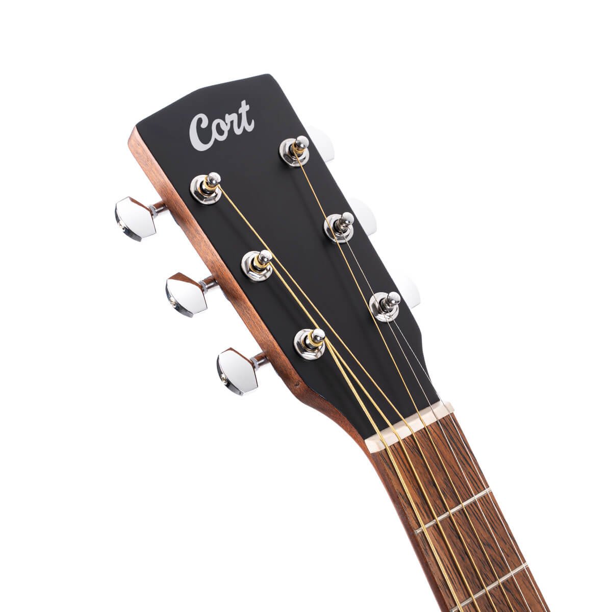 Đàn guitar acoustic Cort AD810 màu Open Pore – cận đầu đàn và logo Cort