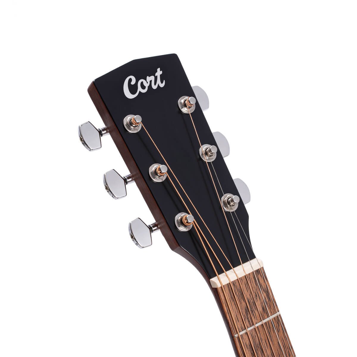 Đàn guitar acoustic Cort AF510 – cận đầu đàn và logo Cort