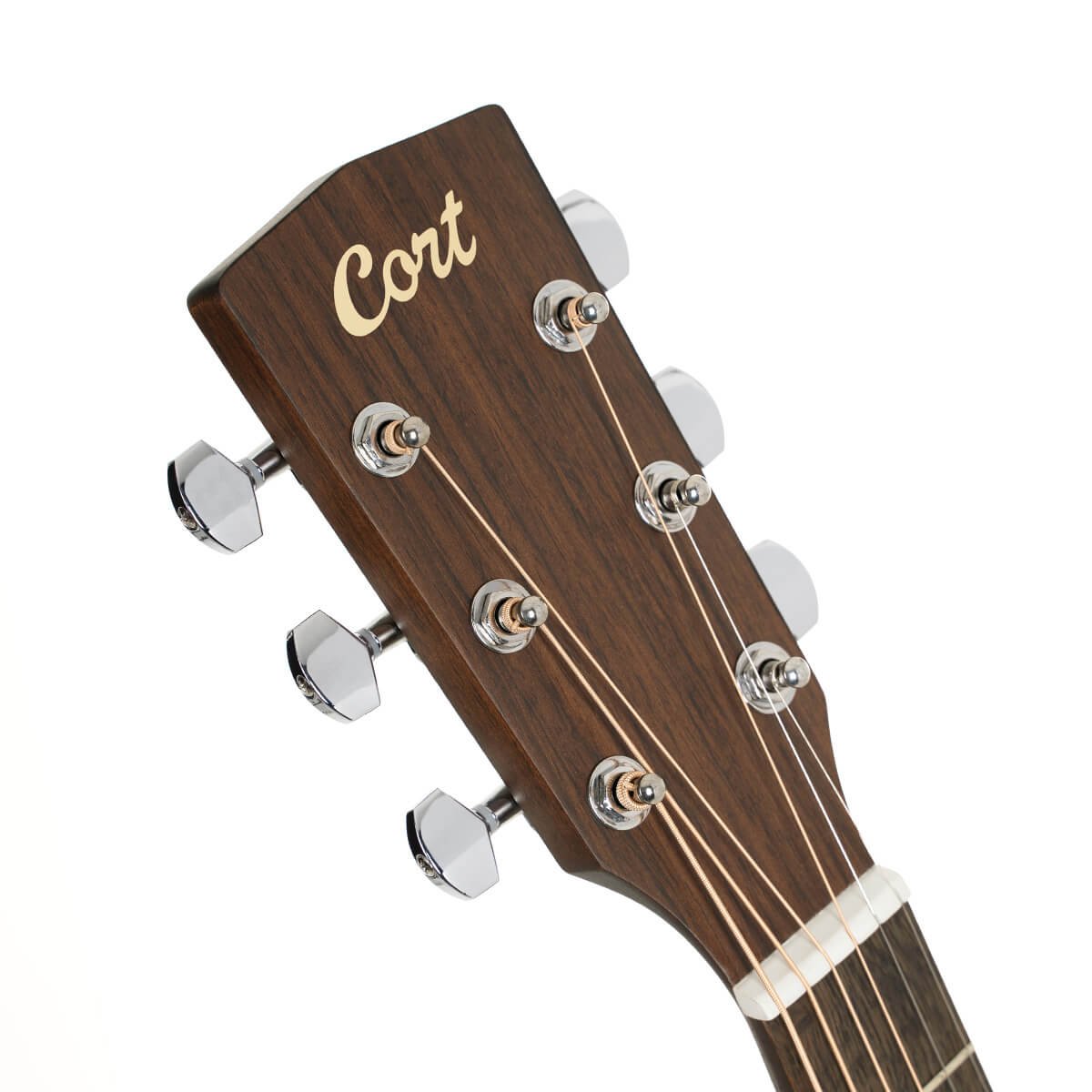 Đàn guitar acoustic Cort Arium màu Open Pore – cận đầu đàn và logo Cort