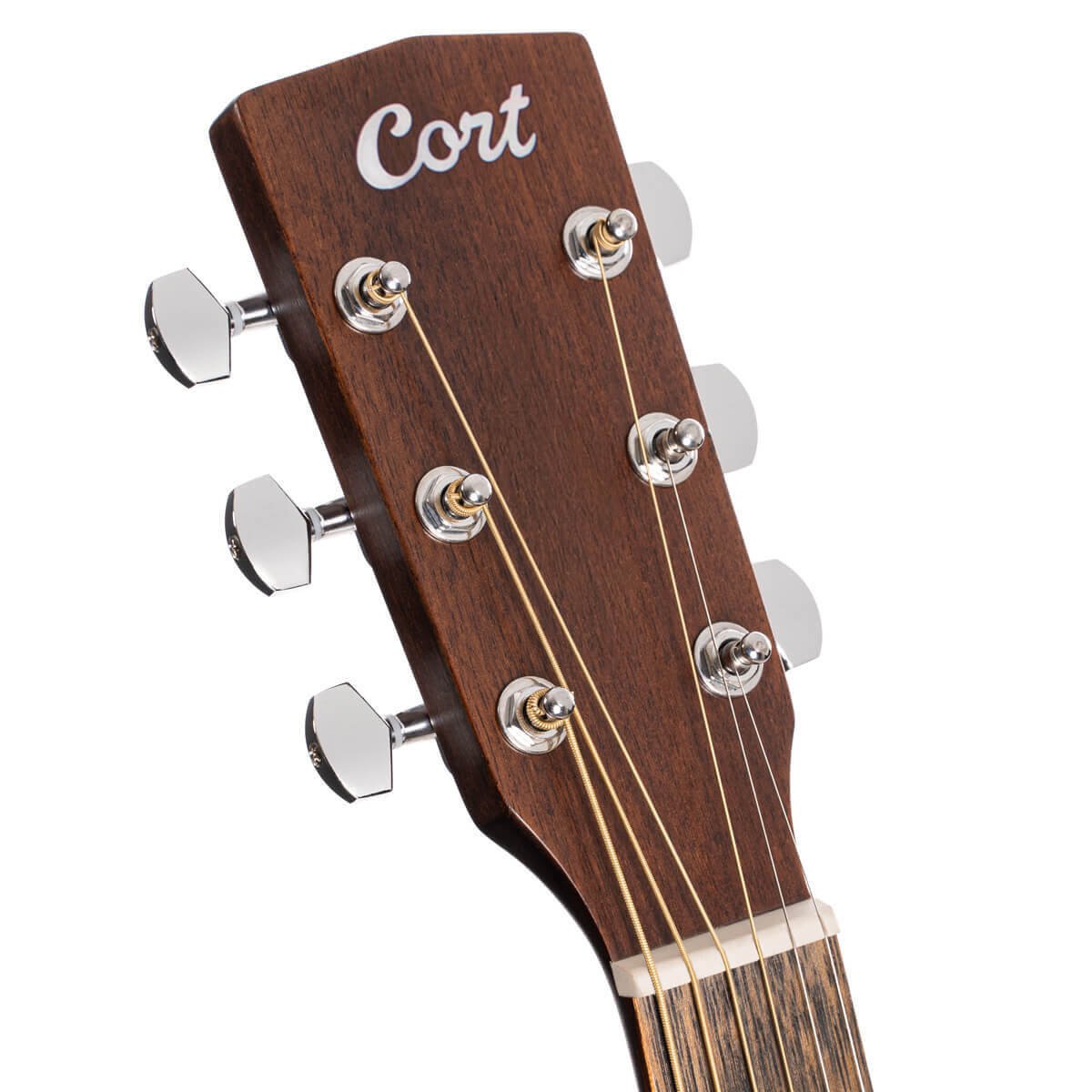 Đàn guitar acoustic Cort Earth Pack màu Open Pore – cận đầu đàn và logo Cort