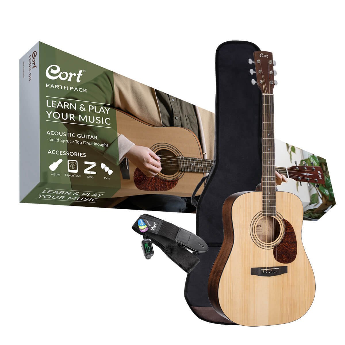 Đàn guitar acoustic Cort Earth Pack màu Open Pore – phụ kiện đi kèm