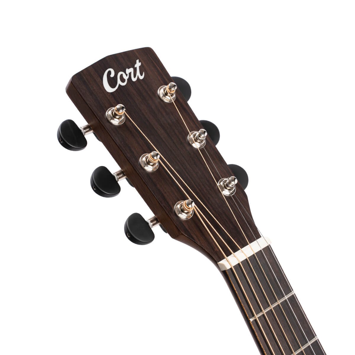 Đàn guitar acoustic Cort L450C màu Natural Satin – cận đầu đàn và logo Cort