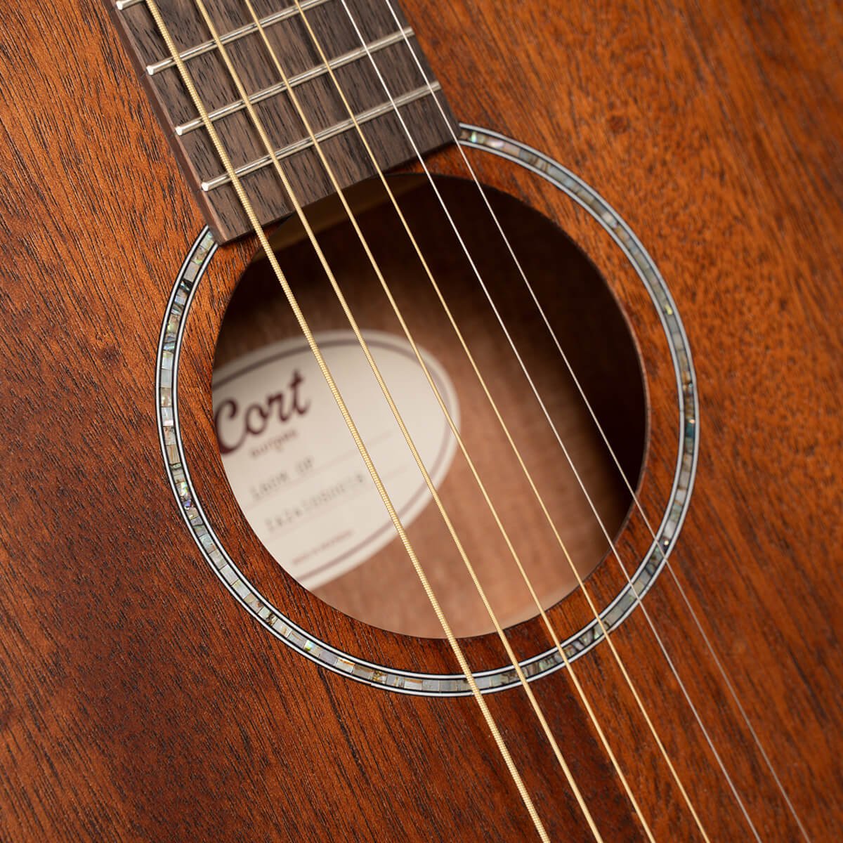 Đàn guitar acoustic Cort L60M màu Open Pore – cận hoa văn viền lỗ thoát âm (rosette)