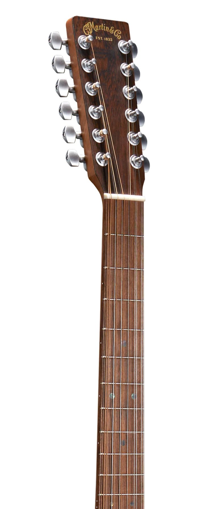 Đàn guitar acoustic điện 12 dây Martin D-X2E Brazilian 12-String màu Brazilian Rosewood – cận đầu đàn và logo Martin