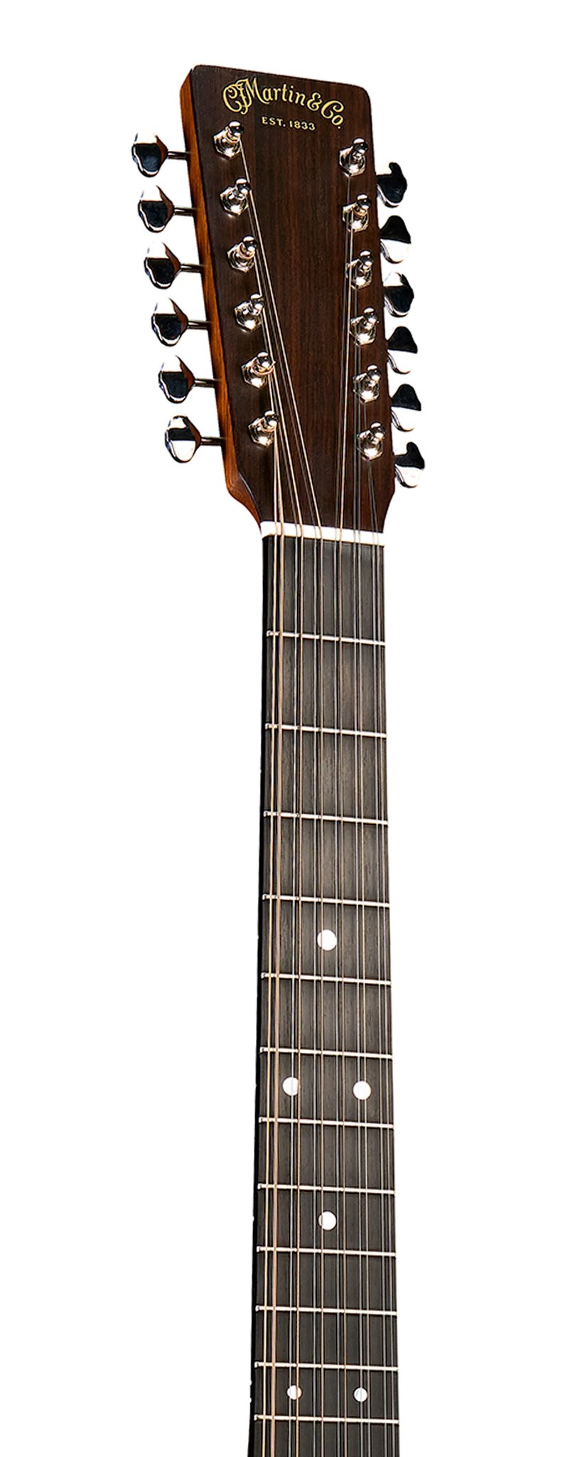 Đàn guitar acoustic điện 12 dây Martin Grand J-16E 12-String màu Vintage Tint – cận đầu đàn và logo Martin