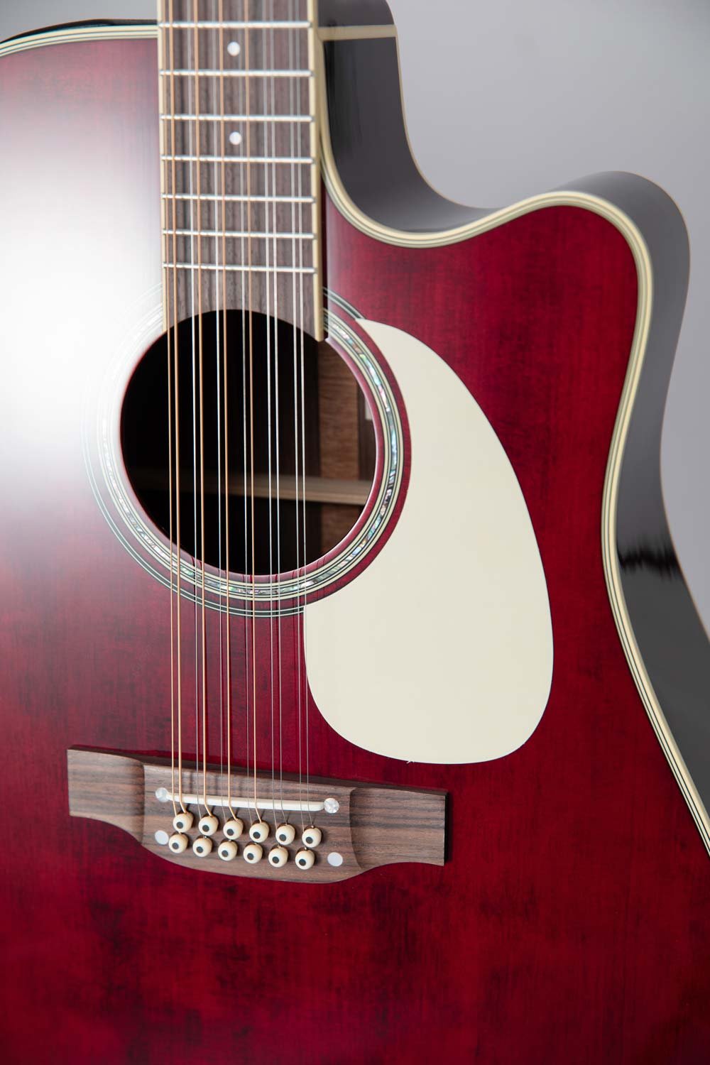 Đàn guitar acoustic điện 12 dây Takamine JJ325SRCL-12 màu đỏ bóng Red Stain – cận lỗ thoát âm và ngựa đàn