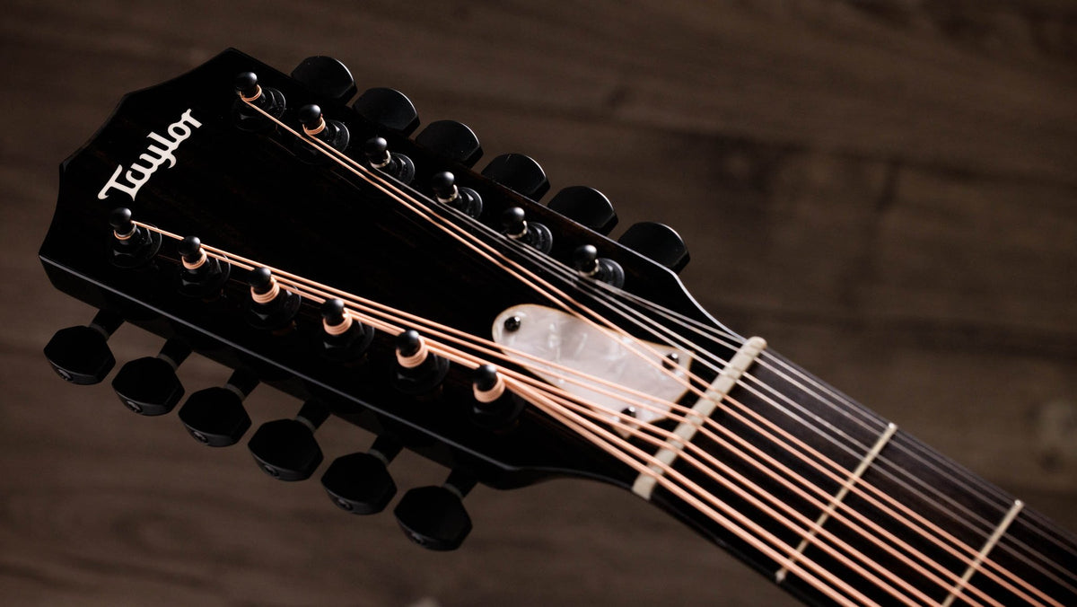 Đàn guitar acoustic điện 12 dây Taylor 250ce Plus BLK Doce Doble màu Black – cận đầu đàn và logo Taylor