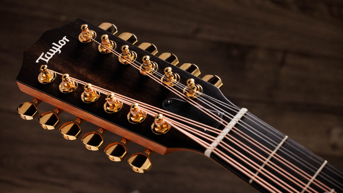 Đàn guitar acoustic điện 12 dây Taylor 260ce-K DLX Doce Doble màu Shaded Edgeburst – cận đầu đàn và logo Taylor