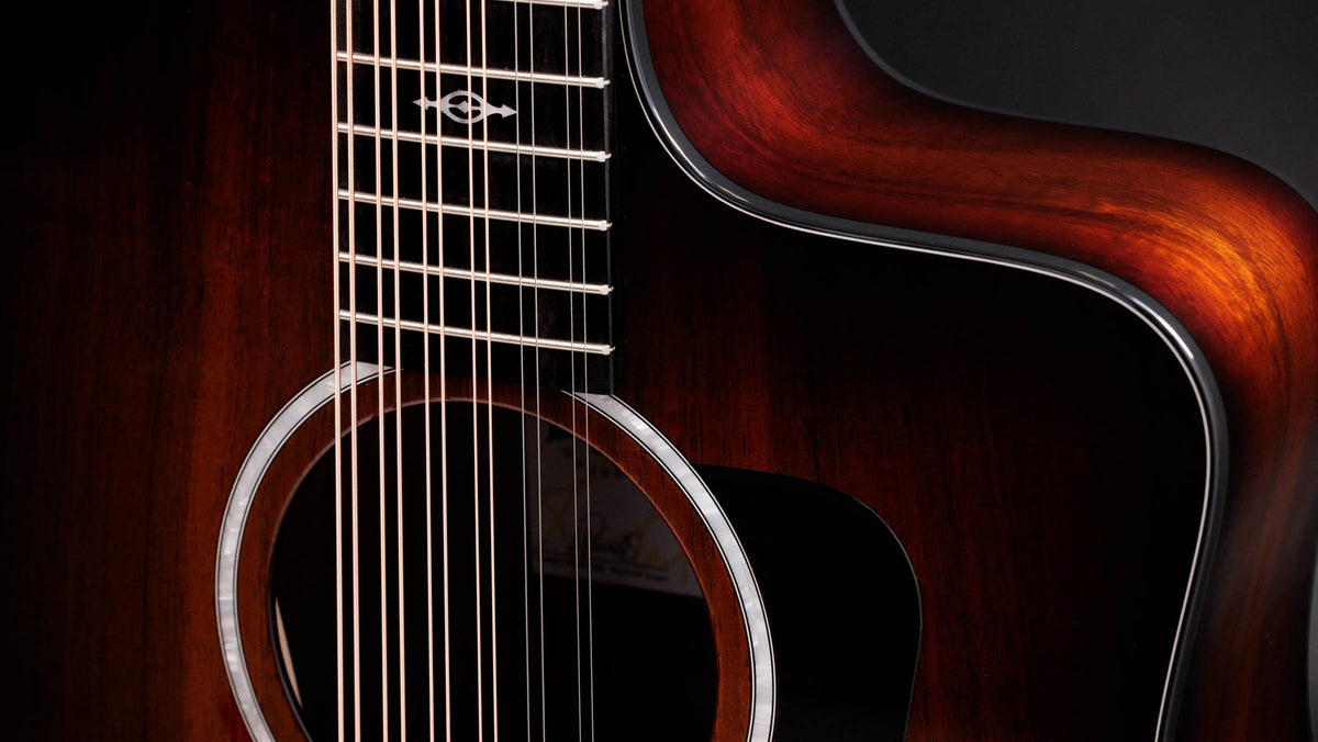 Đàn guitar acoustic điện 12 dây Taylor 260ce-K DLX Doce Doble màu Shaded Edgeburst – cận lỗ thoát âm và ngựa đàn