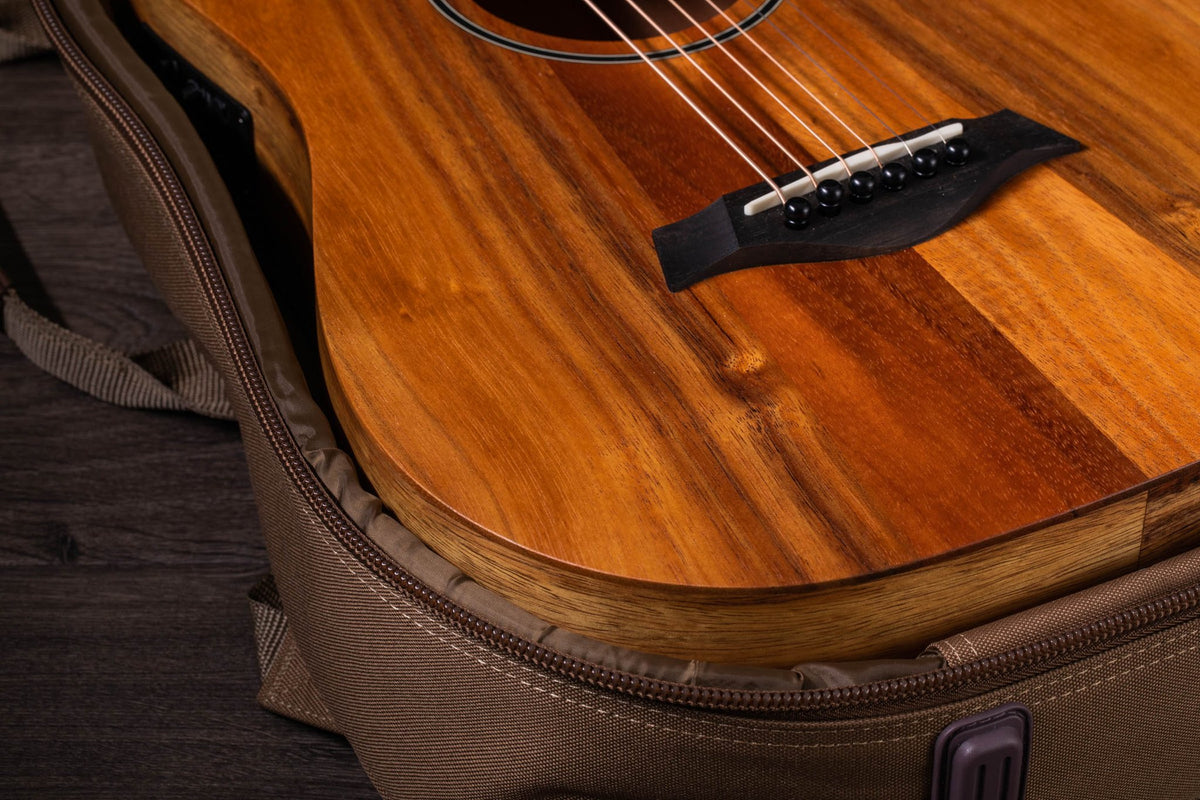 Đàn guitar acoustic điện Baby Taylor BTe Koa màu Natural – cận lỗ thoát âm và ngựa đàn