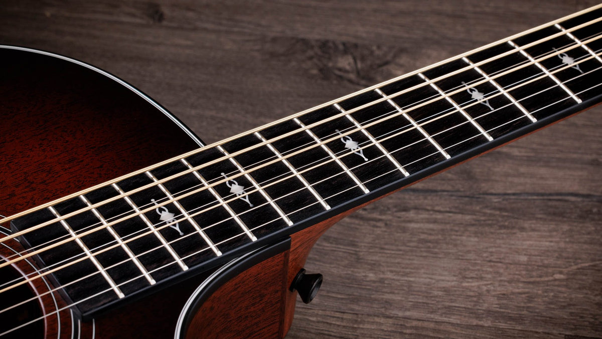 Đàn guitar acoustic điện baritone 8 dây Taylor 324ce Baritone-8 LTD màu Shaded Edgeburst – cận cần đàn và mặt phím