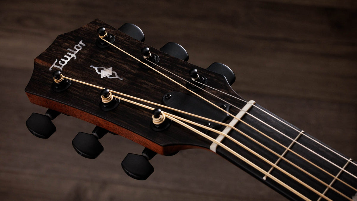 Đàn guitar acoustic điện baritone Taylor 324ce Baritone-6 LTD màu Shaded Edgeburst – cận đầu đàn và logo Taylor