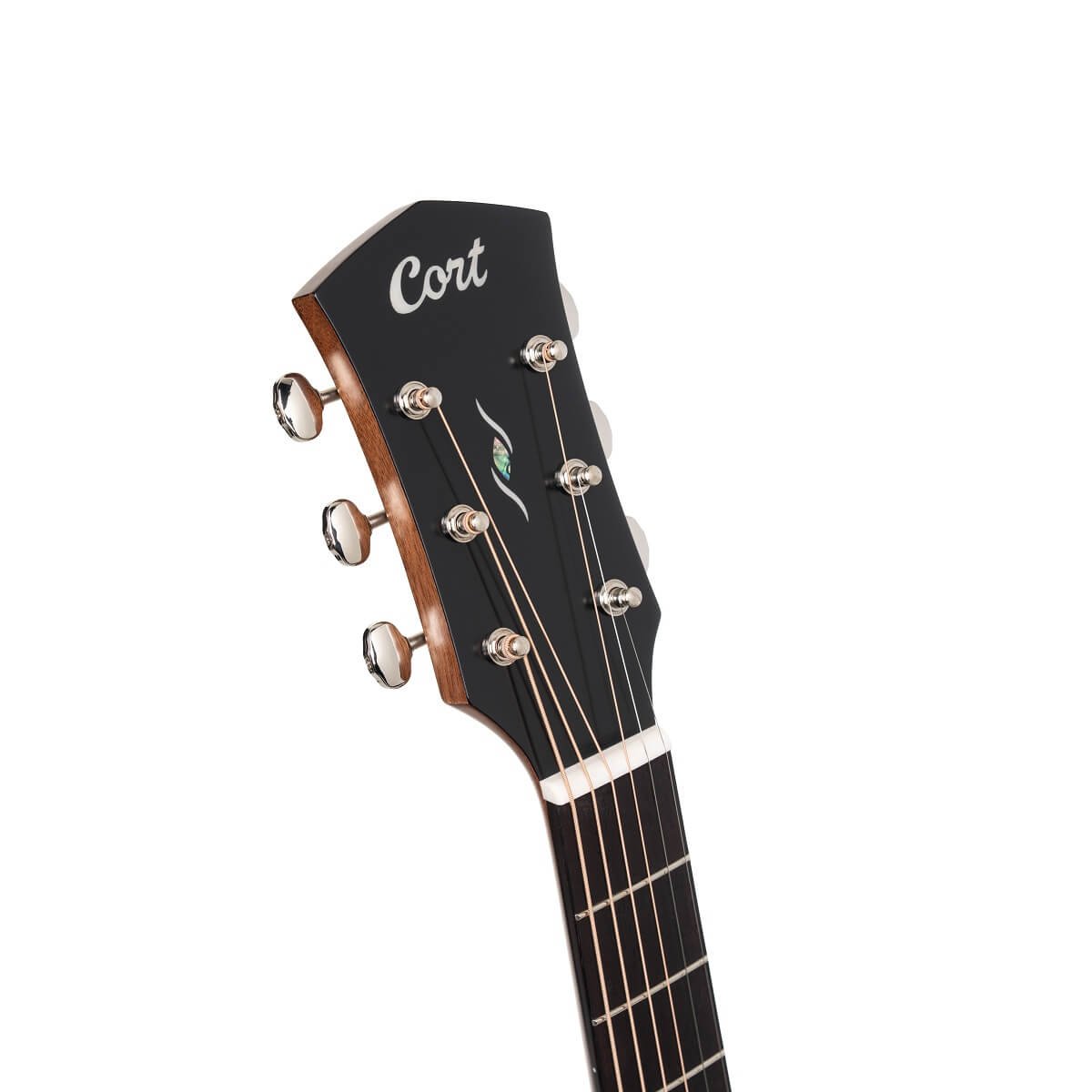 Đàn guitar acoustic điện Cort Core-GA Formosan Koa màu Light Burst Top Semi Gloss – cận đầu đàn và logo Cort