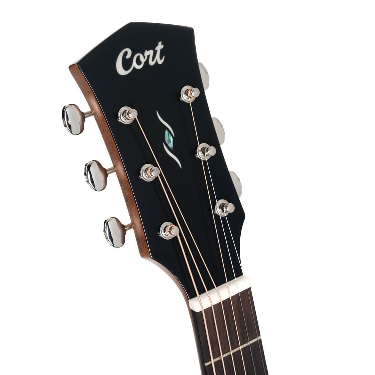 Đàn guitar acoustic điện Cort Core-MC Ovangkol màu Black Top Semi Gloss – cận đầu đàn và logo Cort