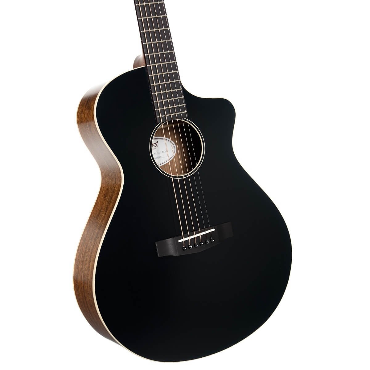 Đàn guitar acoustic điện Cort Core-MC Ovangkol màu Black Top Semi Gloss – góc nghiêng 3/4 toàn thân