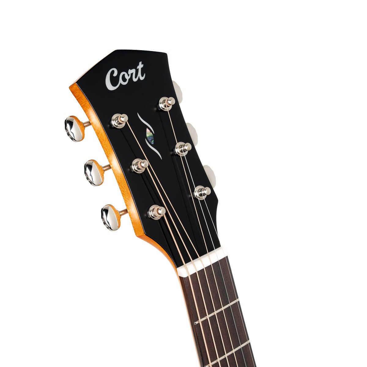 Đàn guitar acoustic điện Cort Core-OC Maple màu Brown Burst Top Semi Gloss – cận đầu đàn và logo Cort