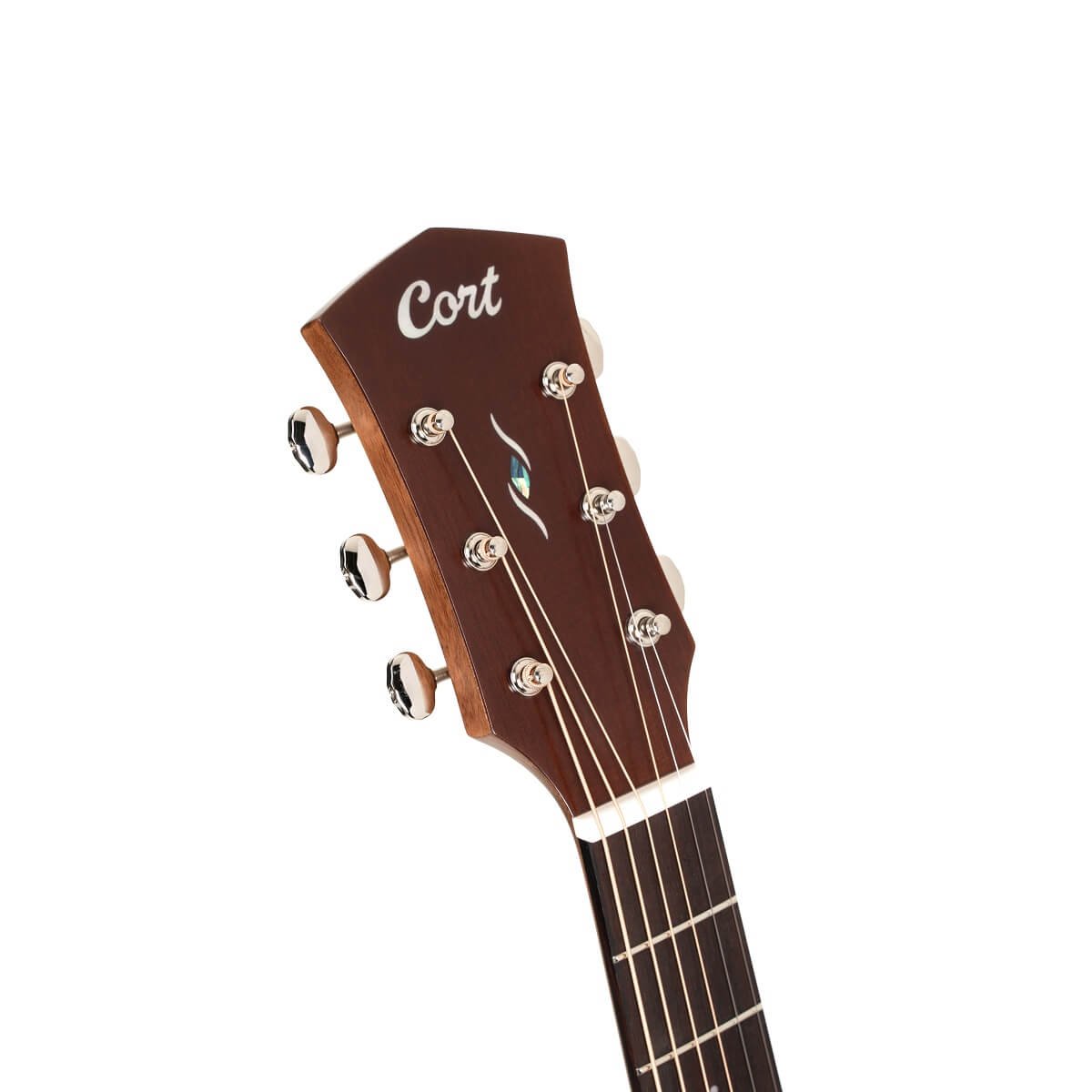 Đàn guitar acoustic điện Cort Essence-GA4 Special màu Black Top Semi Gloss – cận đầu đàn và logo Cort