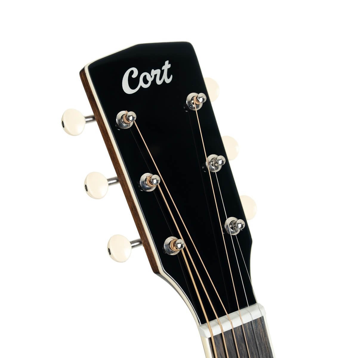 Đàn guitar acoustic điện Cort Exotic-SFX Ash màu Black – cận đầu đàn và logo Cort