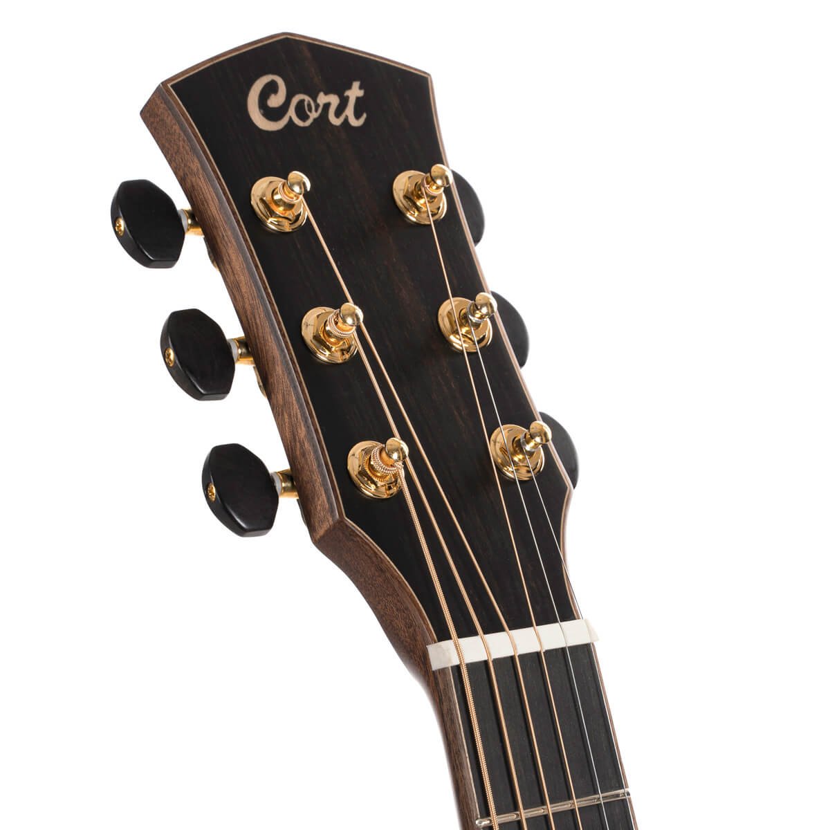 Đàn guitar acoustic điện Cort Flow-OC màu Natural Satin – cận đầu đàn và logo Cort