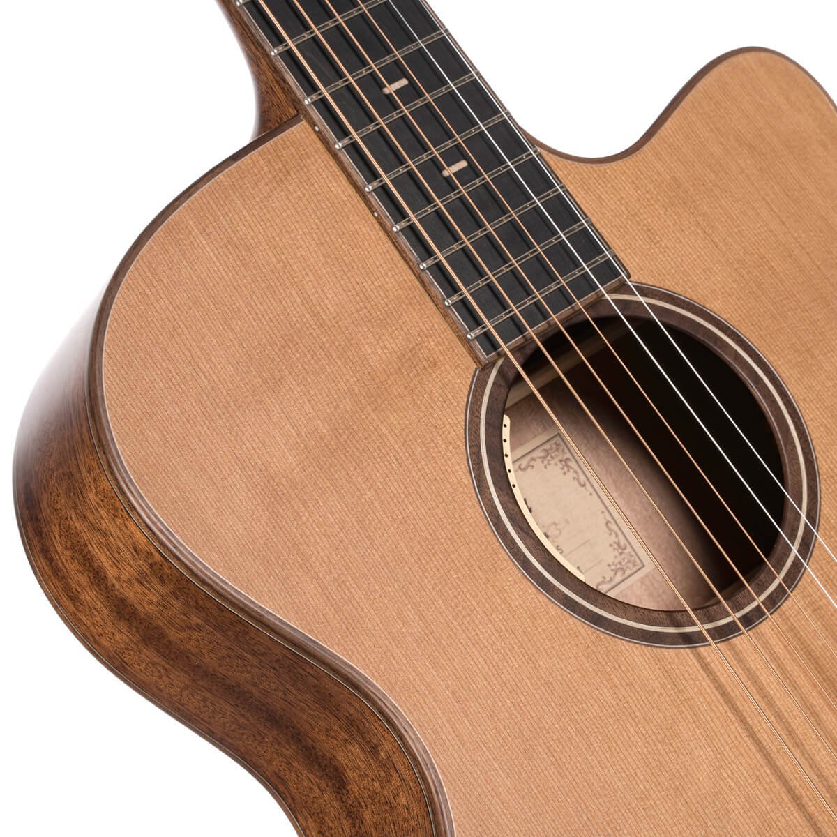 Đàn guitar acoustic điện Cort Flow-OC màu Natural Satin – cận hoa văn viền lỗ thoát âm (rosette)